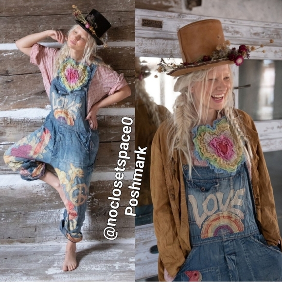 New Magnolia Pearl Love Applique Overalls Woodstock 039 Overall Denim Jean Jeans - Picture 7 of 17